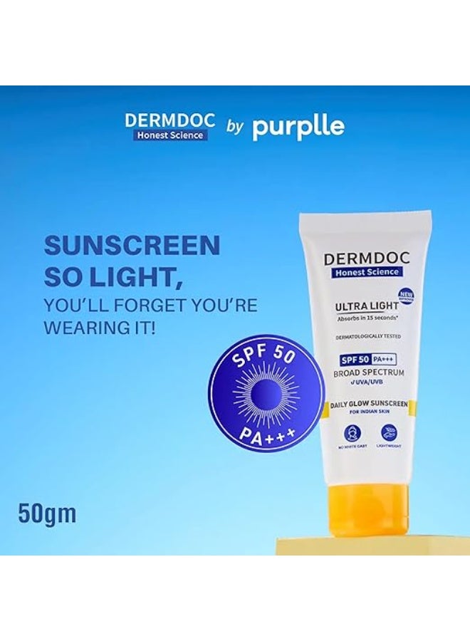 DermDoc All By Purplle Ultra Light Spf 50 Pa+++ Daily Glow Sunscreen (50Gm) | Sunblock | Lightweight | Non-Greasy | 0 White Cast - Image 4